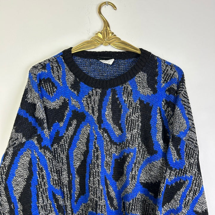 L Pullover Linien blau/schwarz
