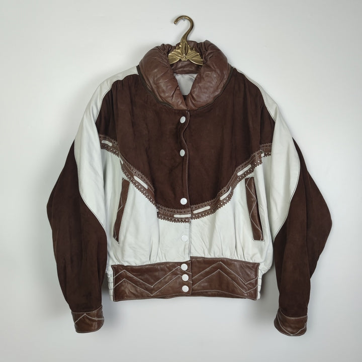 M Vintage Mädels Lederjacke Schulterpolster Braun Weiß.