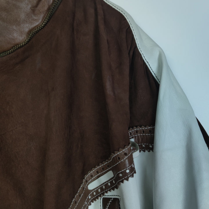 M Vintage Mädels Lederjacke Schulterpolster Braun Weiß.