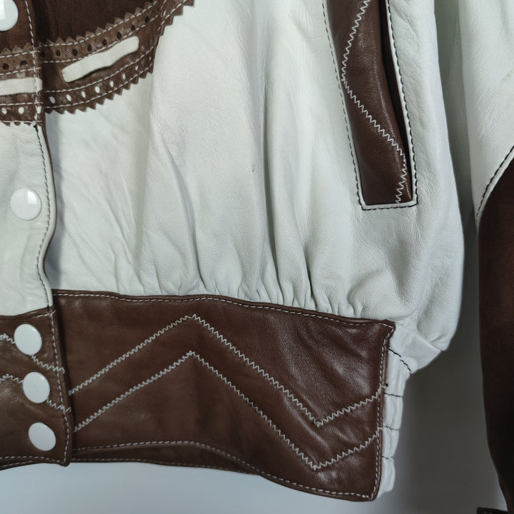 M Vintage Mädels Lederjacke Schulterpolster Braun Weiß.
