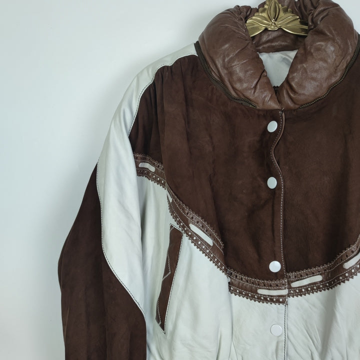 M Vintage Mädels Lederjacke Schulterpolster Braun Weiß.