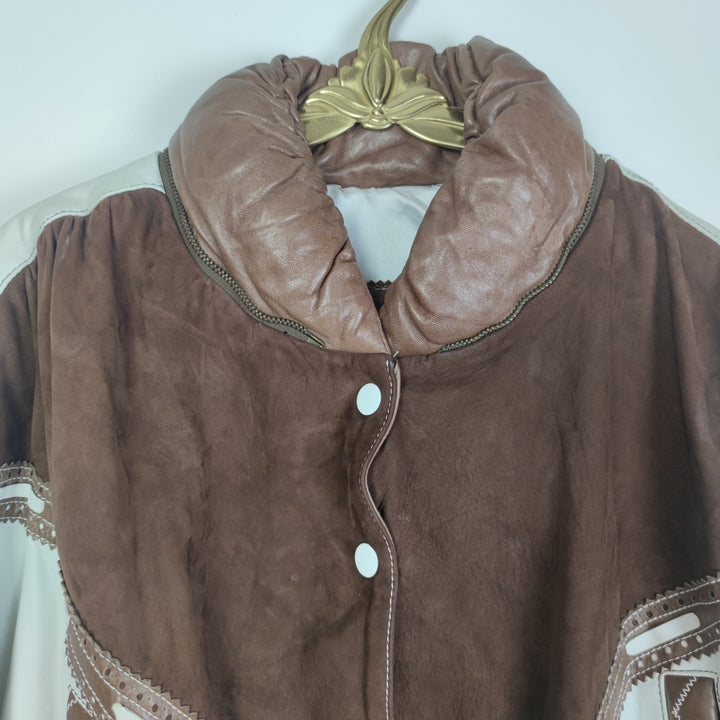 M Vintage Mädels Lederjacke Schulterpolster Braun Weiß.