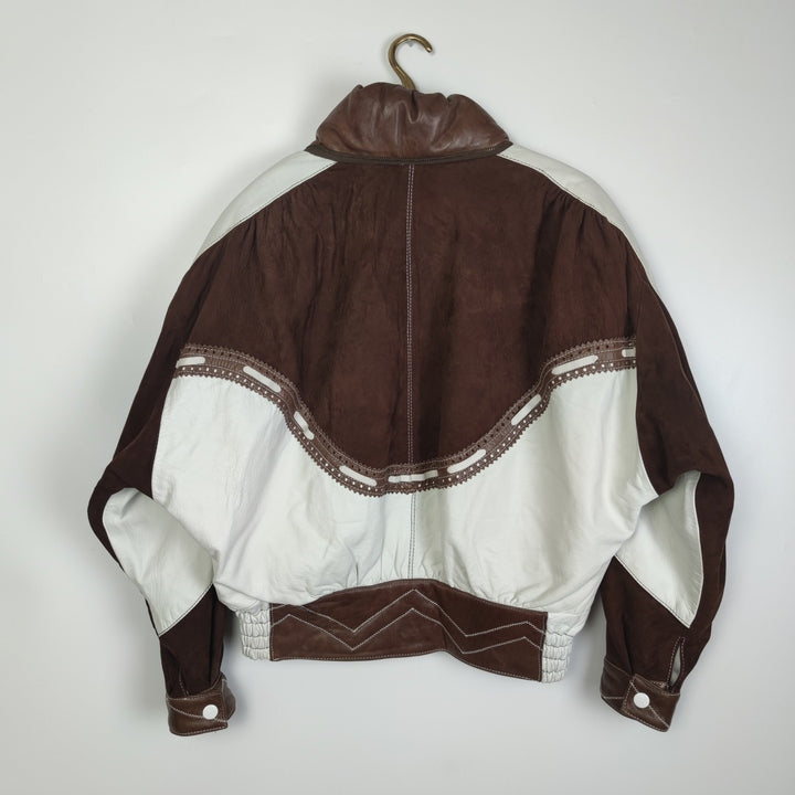 M Vintage Mädels Lederjacke Schulterpolster Braun Weiß.