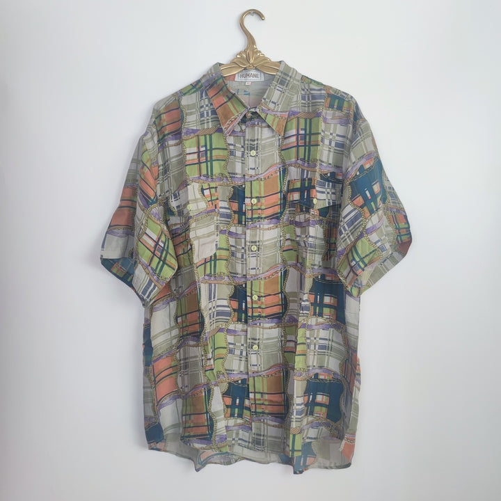 XL Vintage Kurzarmhemd Seide kariert gemustert