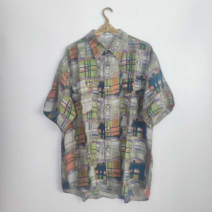 XL Vintage Kurzarmhemd Seide kariert gemustert