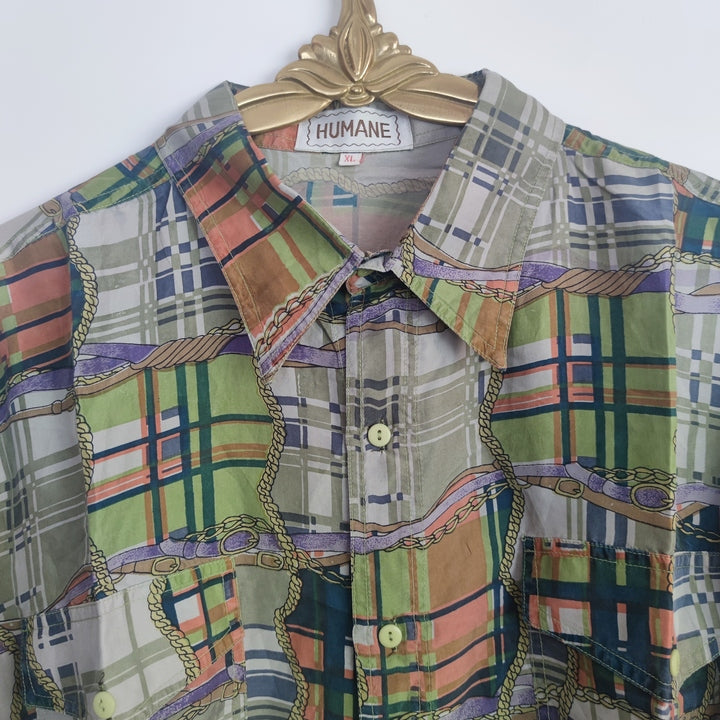 XL Vintage Kurzarmhemd Seide kariert gemustert