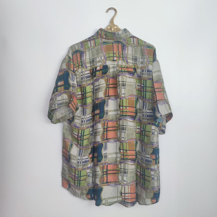 XL Vintage Kurzarmhemd Seide kariert gemustert