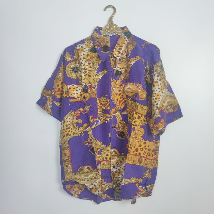 S Vintage Seiden Kurzarm Hemd Lila