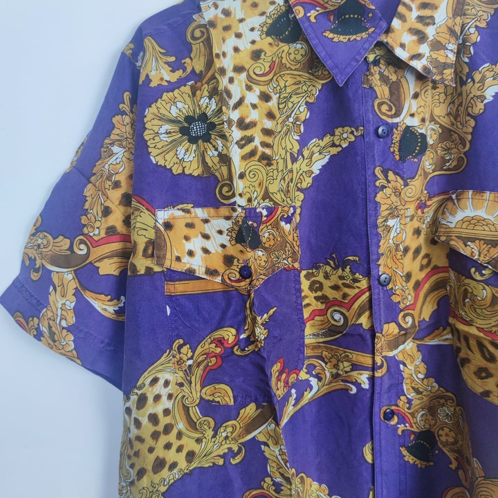 S Vintage Seiden Kurzarm Hemd Lila