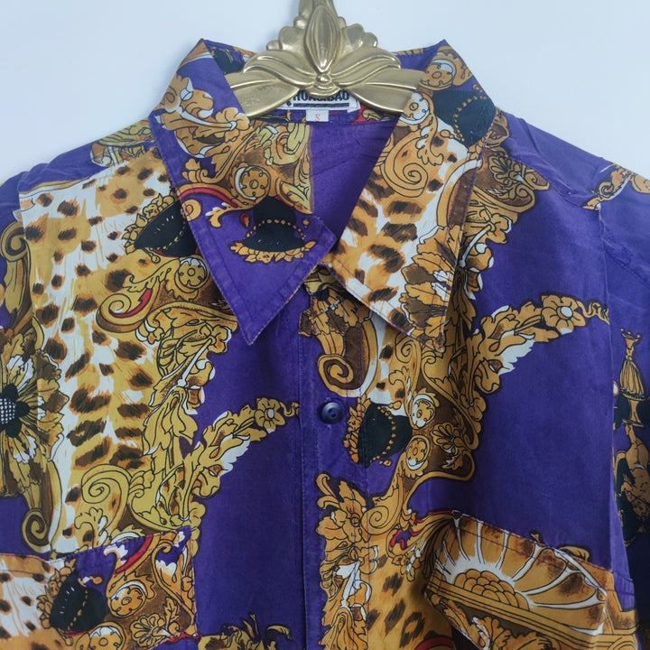 S Vintage Seiden Kurzarm Hemd Lila