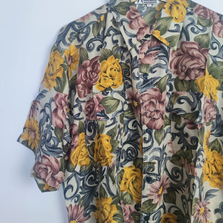 L Vintage Kurzarm Seiden Hemd Blumen