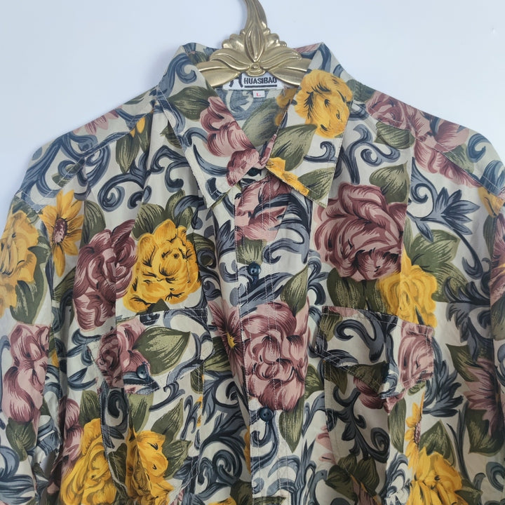 L Vintage Kurzarm Seiden Hemd Blumen