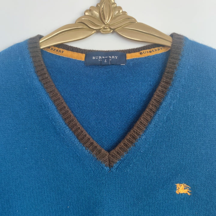L Vintage Burberry Pullunder Blau Gelb