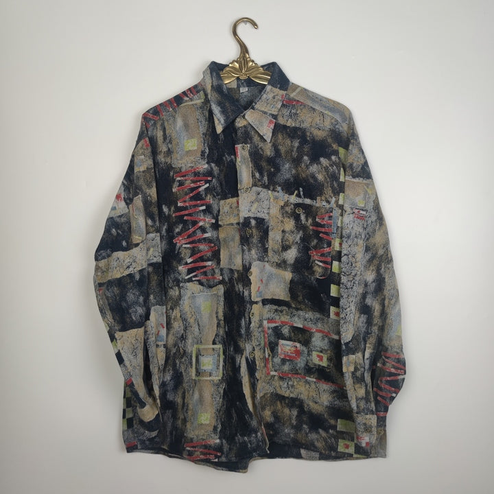 L Vintage Hemd abstrakte Muster Rot Schwarz