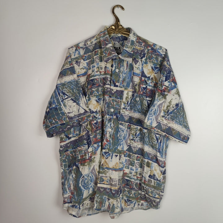 XL Kurzarmhemd abstrakt/geometrisch blau