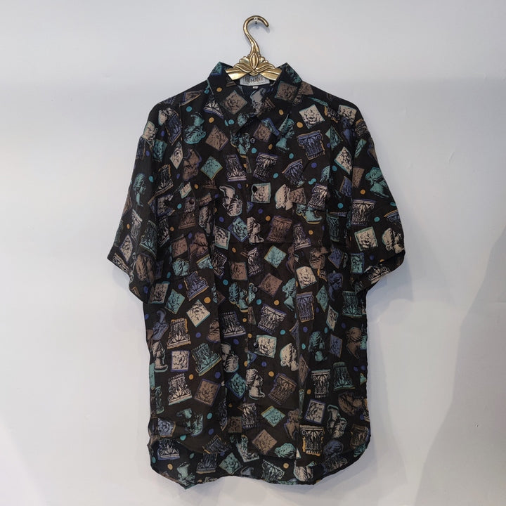 M Seidenhemd griechische Skulpturen schwarz/blau