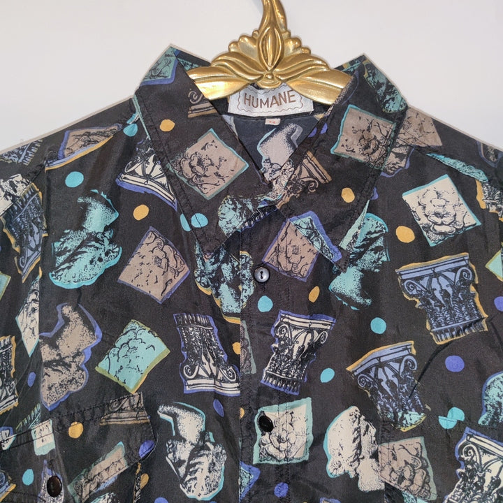 M Seidenhemd griechische Skulpturen schwarz/blau