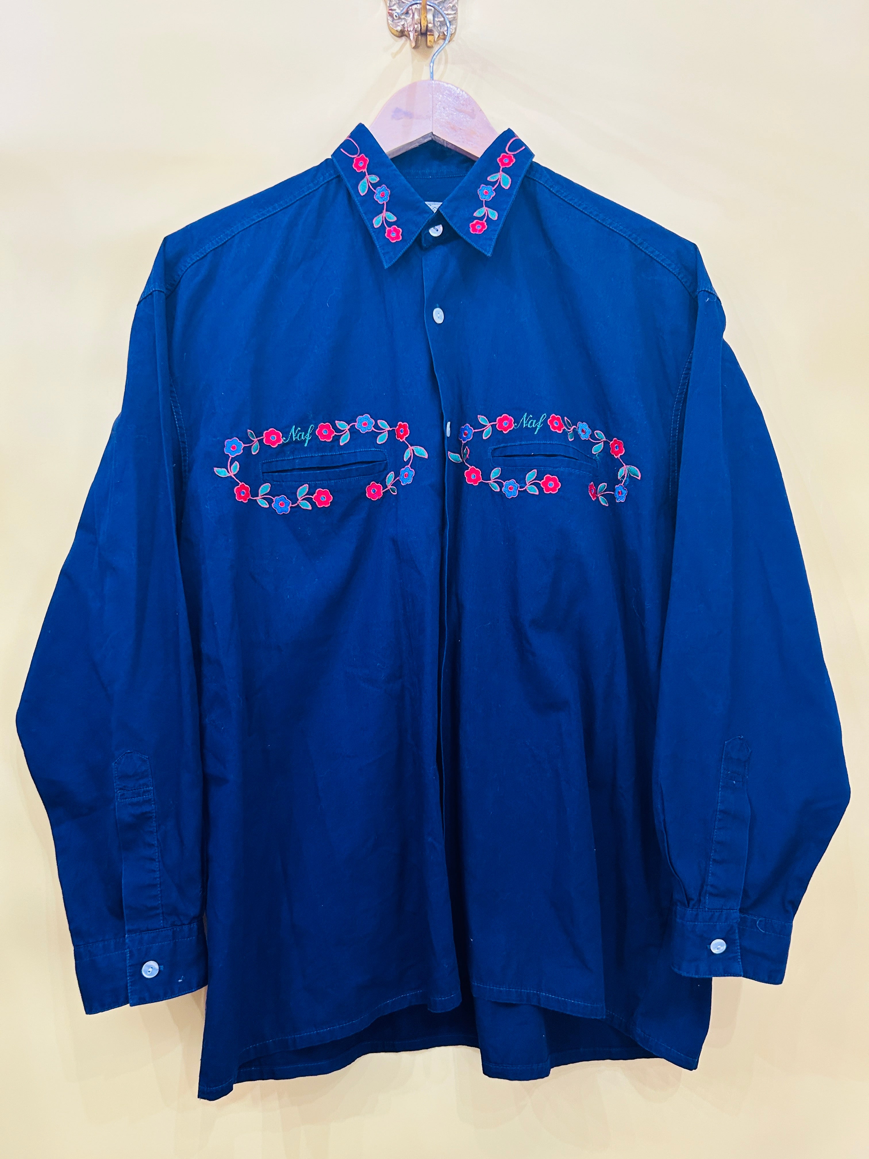 M Naf Longsleeve Sirt Blumen dunkelblau