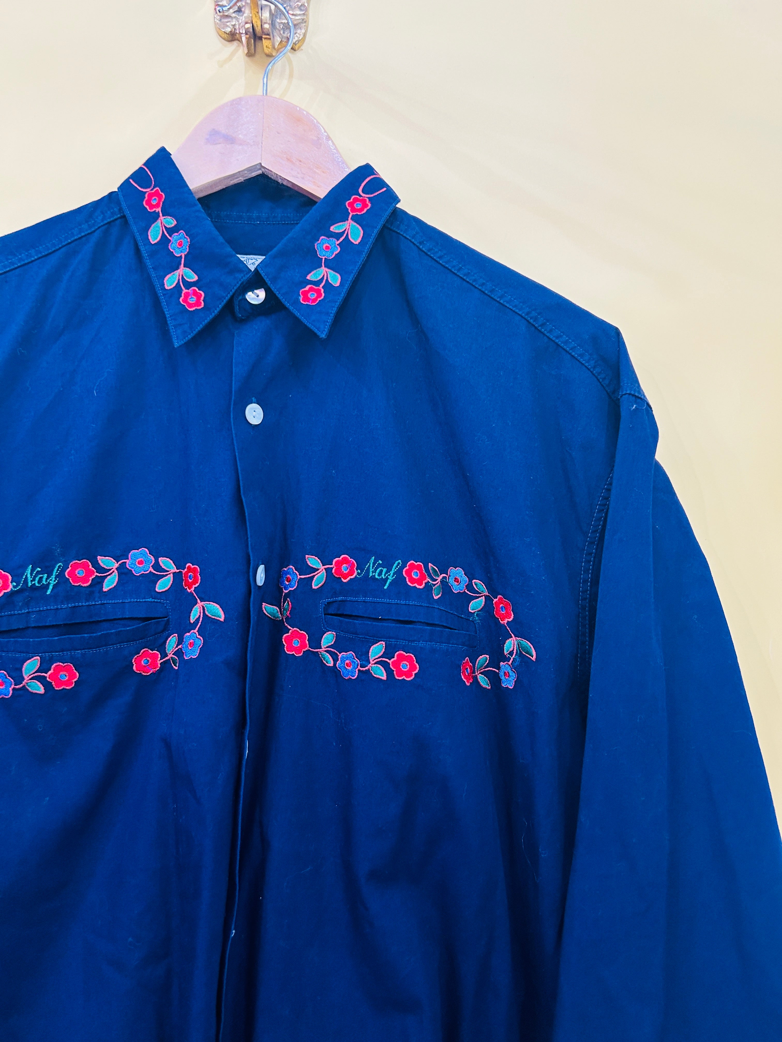 M Naf Longsleeve Sirt Blumen dunkelblau