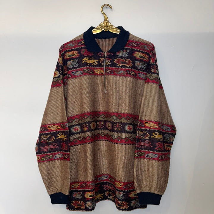 M-L Pullover dünn Tiermuster beige/rot