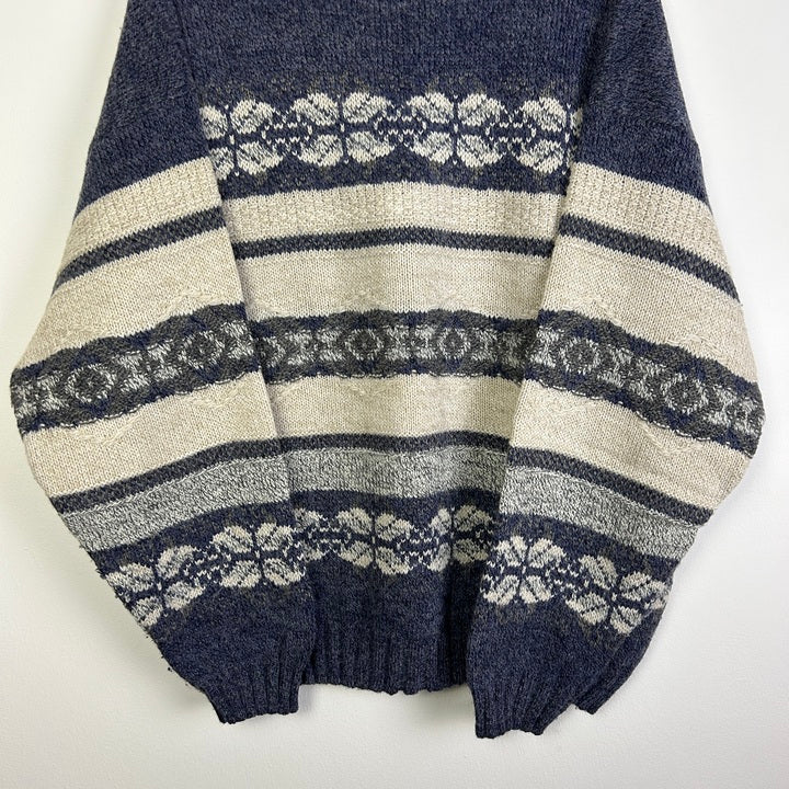 XL Pullover norwegisches Muster graublau/naturweiß