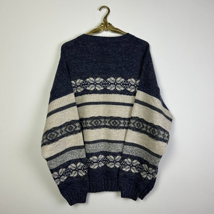XL Pullover norwegisches Muster graublau/naturweiß