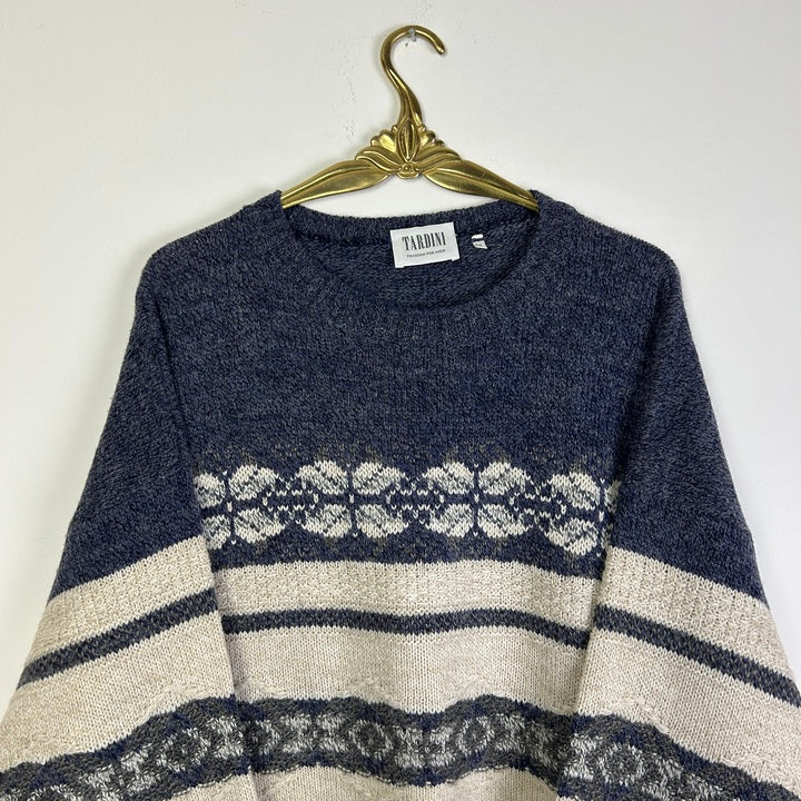 XL Pullover norwegisches Muster graublau/naturweiß