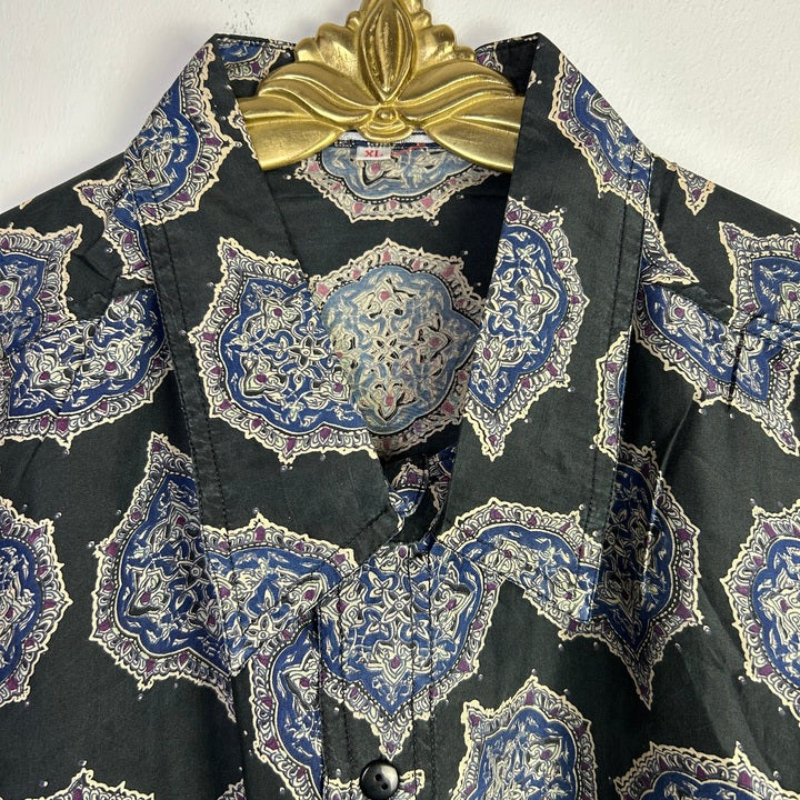 XL Seiden Hemd Mandala blau/schwarz