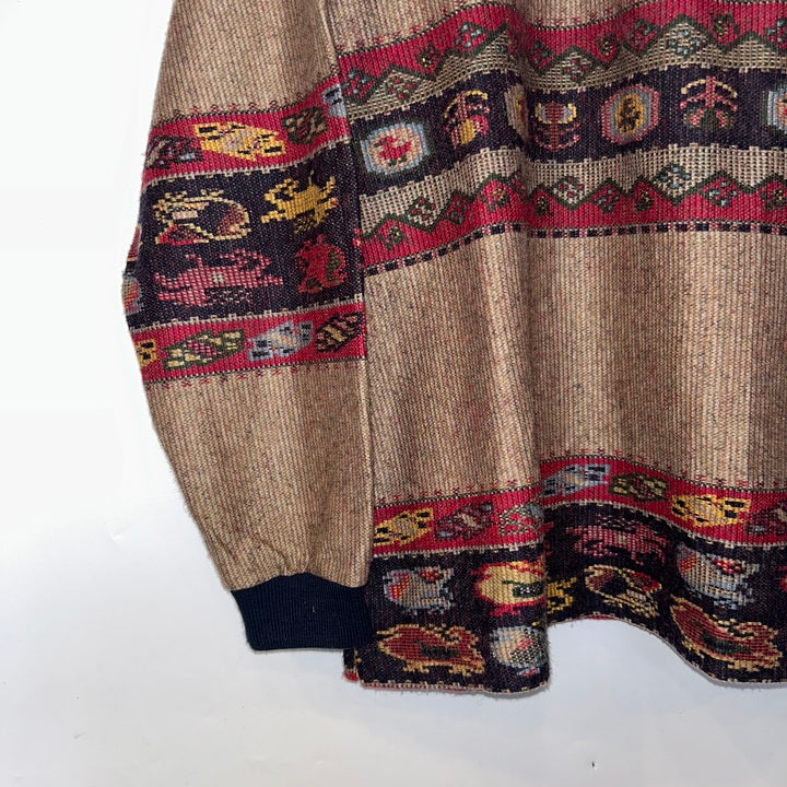 M-L Pullover dünn Tiermuster beige/rot