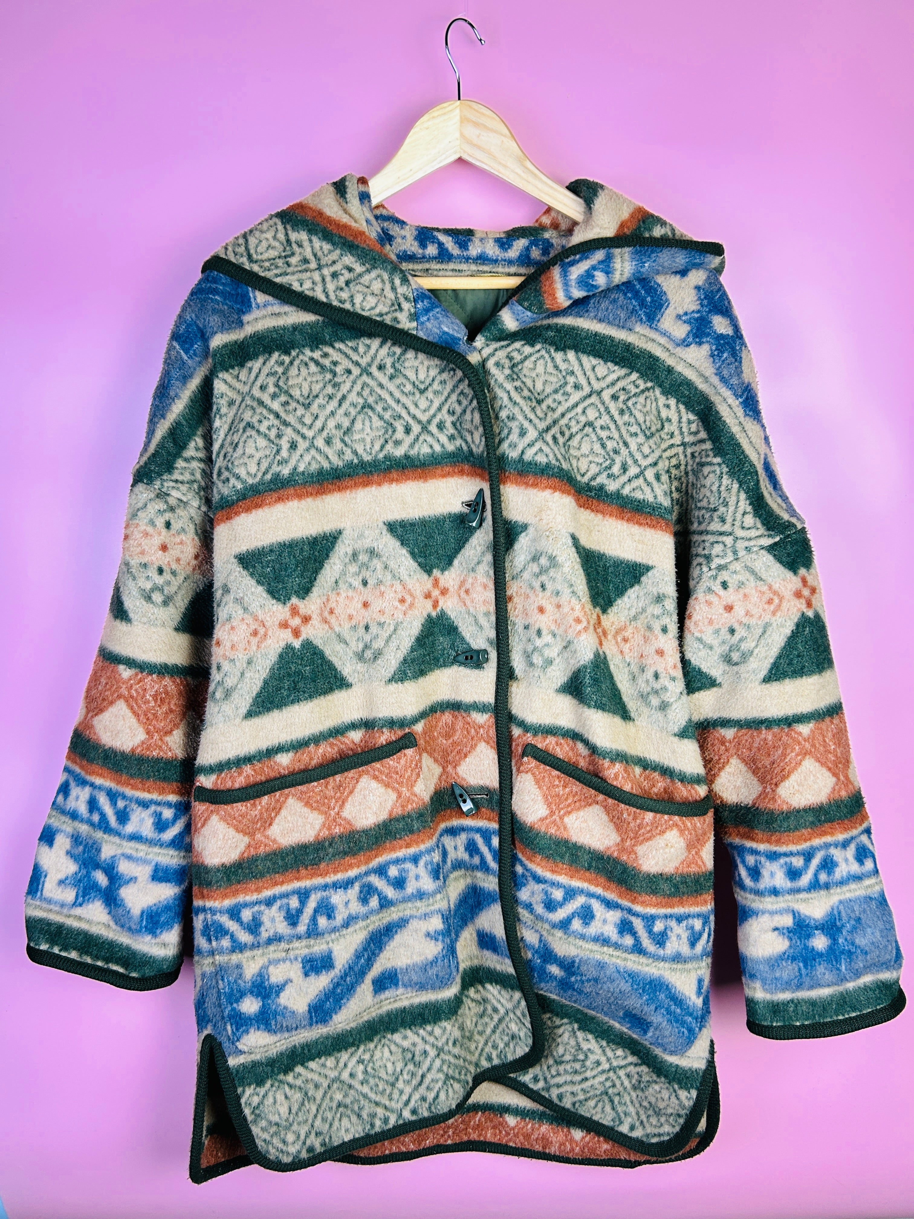 XL Vintage Fleecemantel geometrische Muster