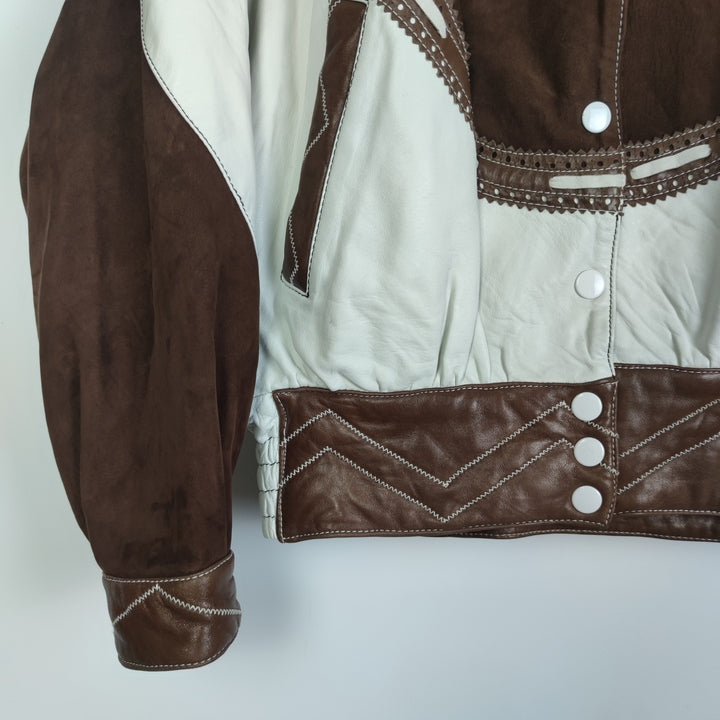 M Vintage Mädels Lederjacke Schulterpolster Braun Weiß.