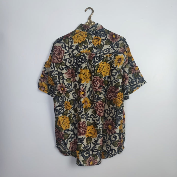 L Vintage Kurzarm Seiden Hemd Blumen