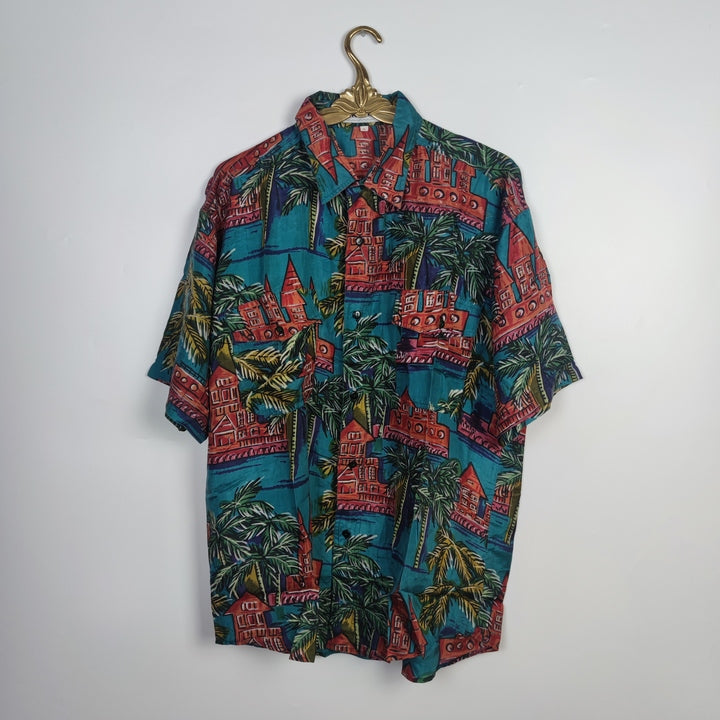 S Vintage Kurzarm Hemd Seide Häuser und Palmen