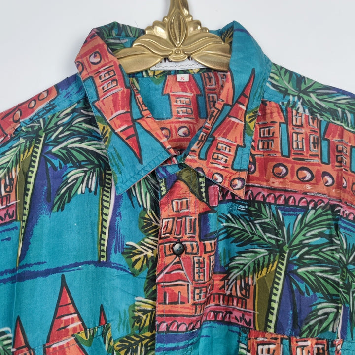 S Vintage Kurzarm Hemd Seide Häuser und Palmen