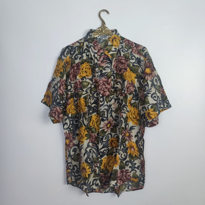 L Vintage Kurzarm Seiden Hemd Blumen