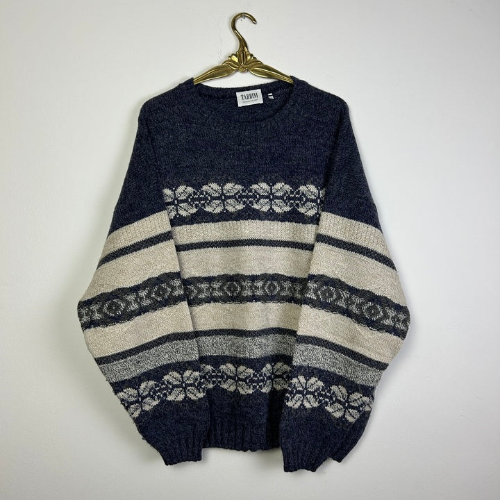 XL Pullover norwegisches Muster graublau/naturweiß